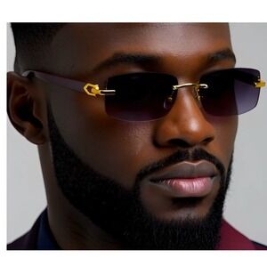 Men's‎ Vintage Rimless Dark Black Tint Gold Frame Woodgrain Hip Hop Sunglasses